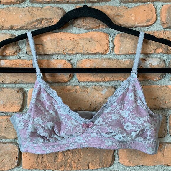 Gilligan & O'Malley Nursing Bra Size Medium‎ Purple Gray Lace Wireless Bralette - Picture 1 of 5